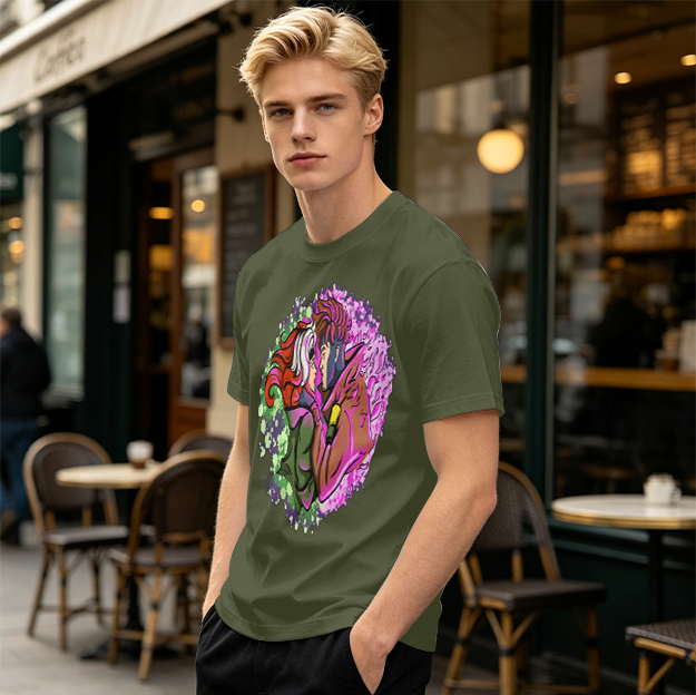 Olive T-Shirt with Gambit and Rogue Superhero Art Print