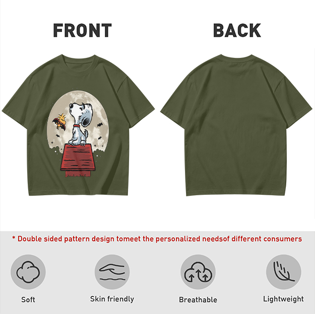 Snoopy and Woodstock on Doghouse Under Full Moon T-Shirt