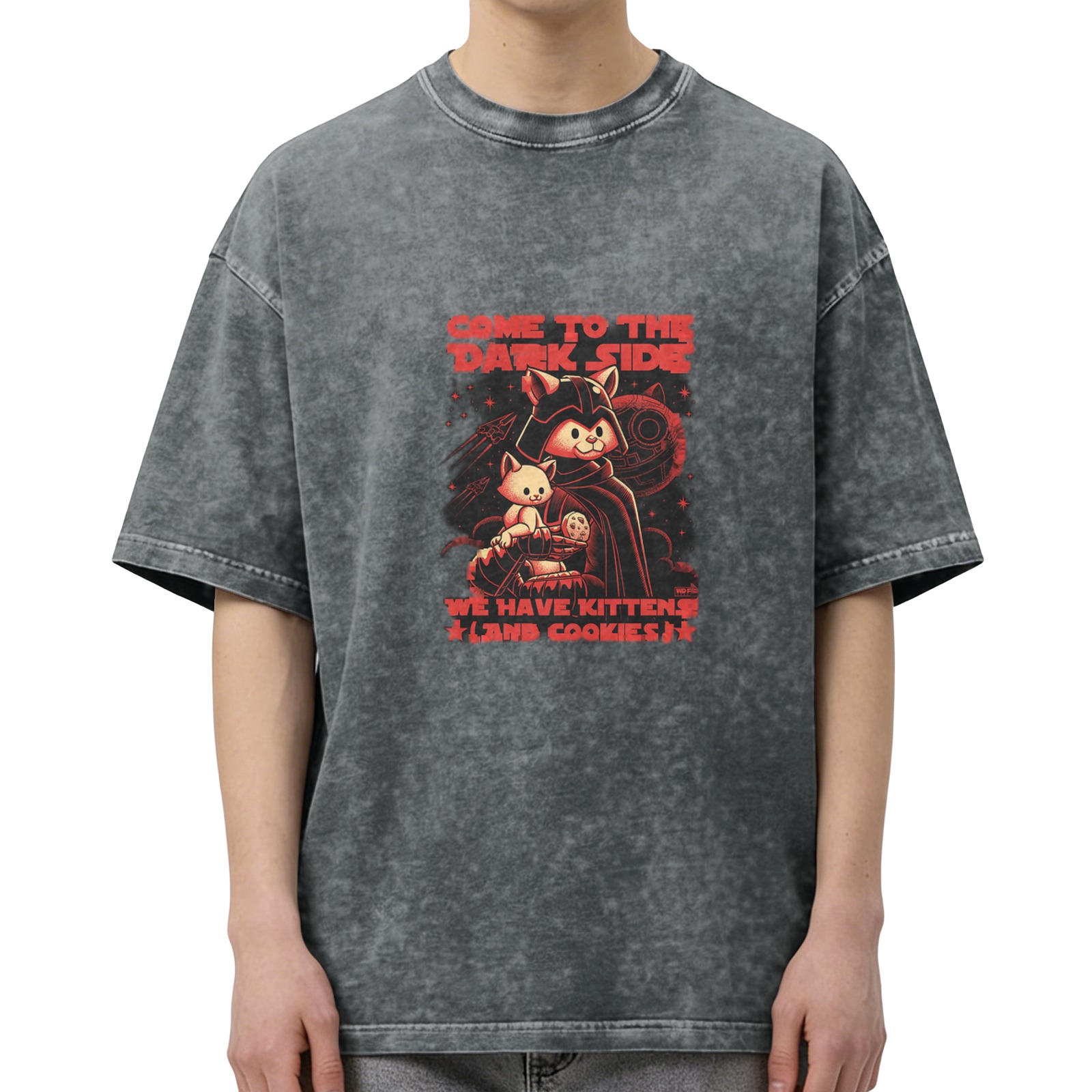 Dark side cat kitten cookie graphic acid wash t-shirt