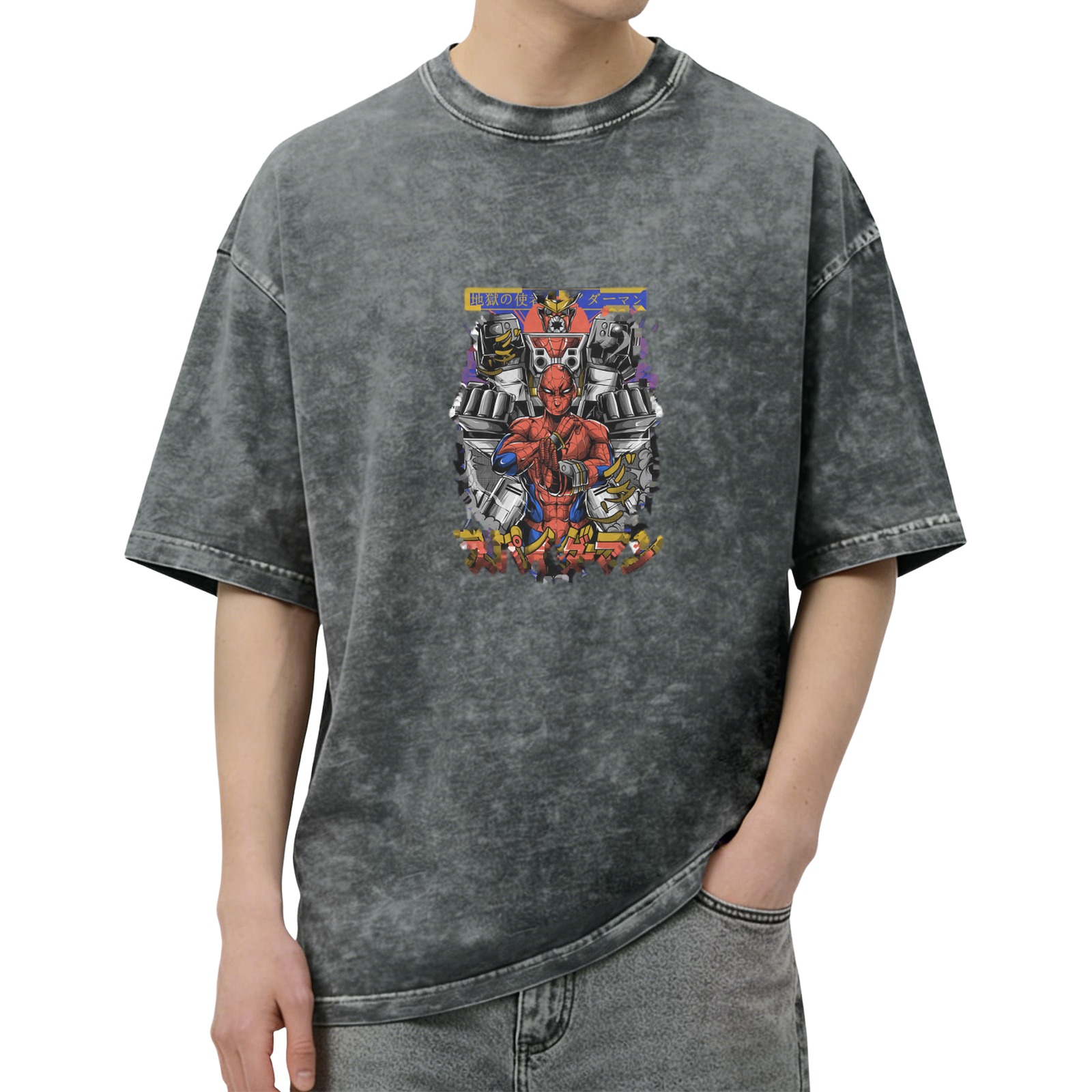 Oversized Acid Wash T-Shirt with Anime Spider Mecha Graphic