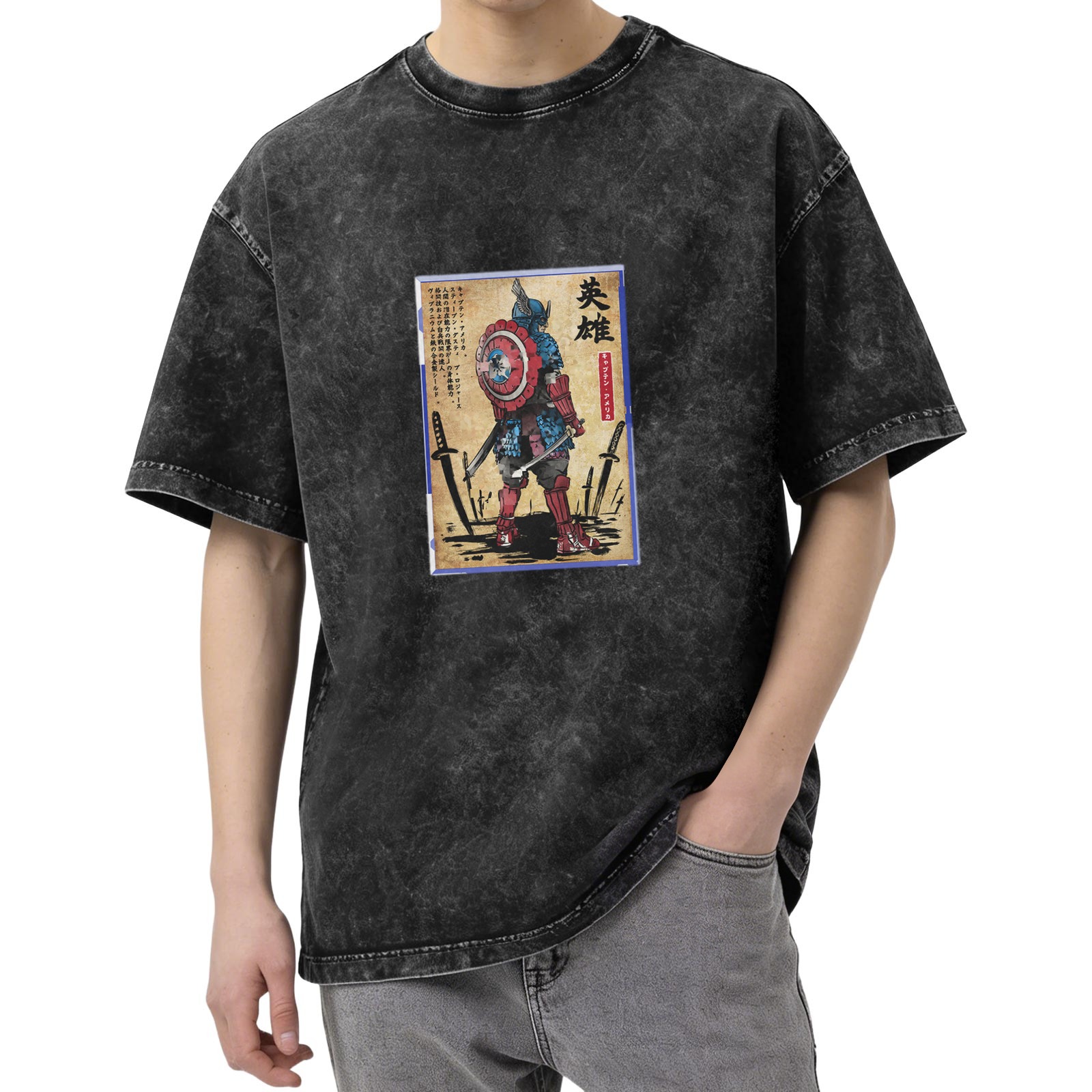 Washed Black T-Shirt with Samurai Captain America Hero Graphic