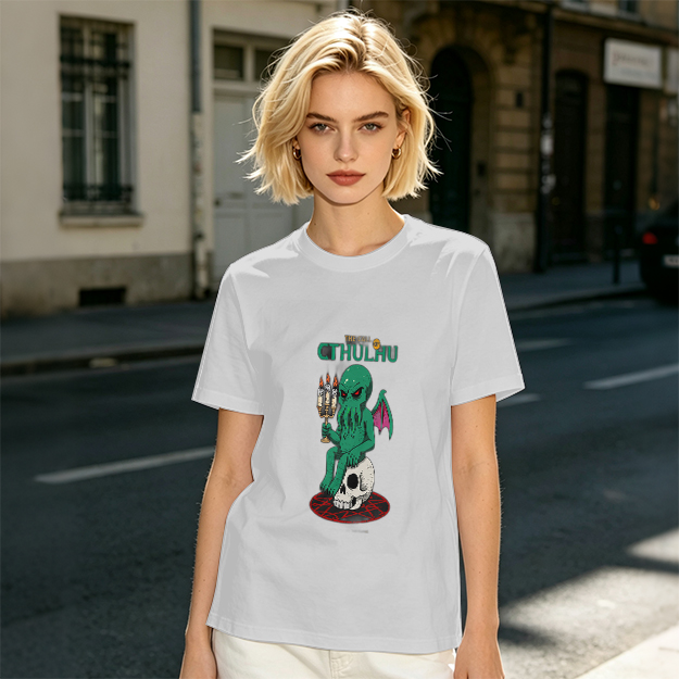 Olive Green Cthulhu Graphic T-Shirt with Skull and Candles