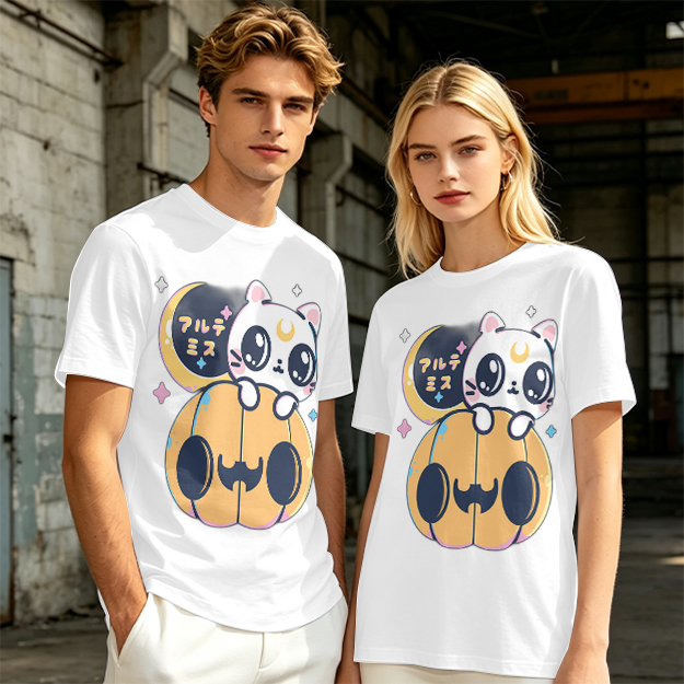 Cute white cat on jack-o'-lantern Halloween graphic tee