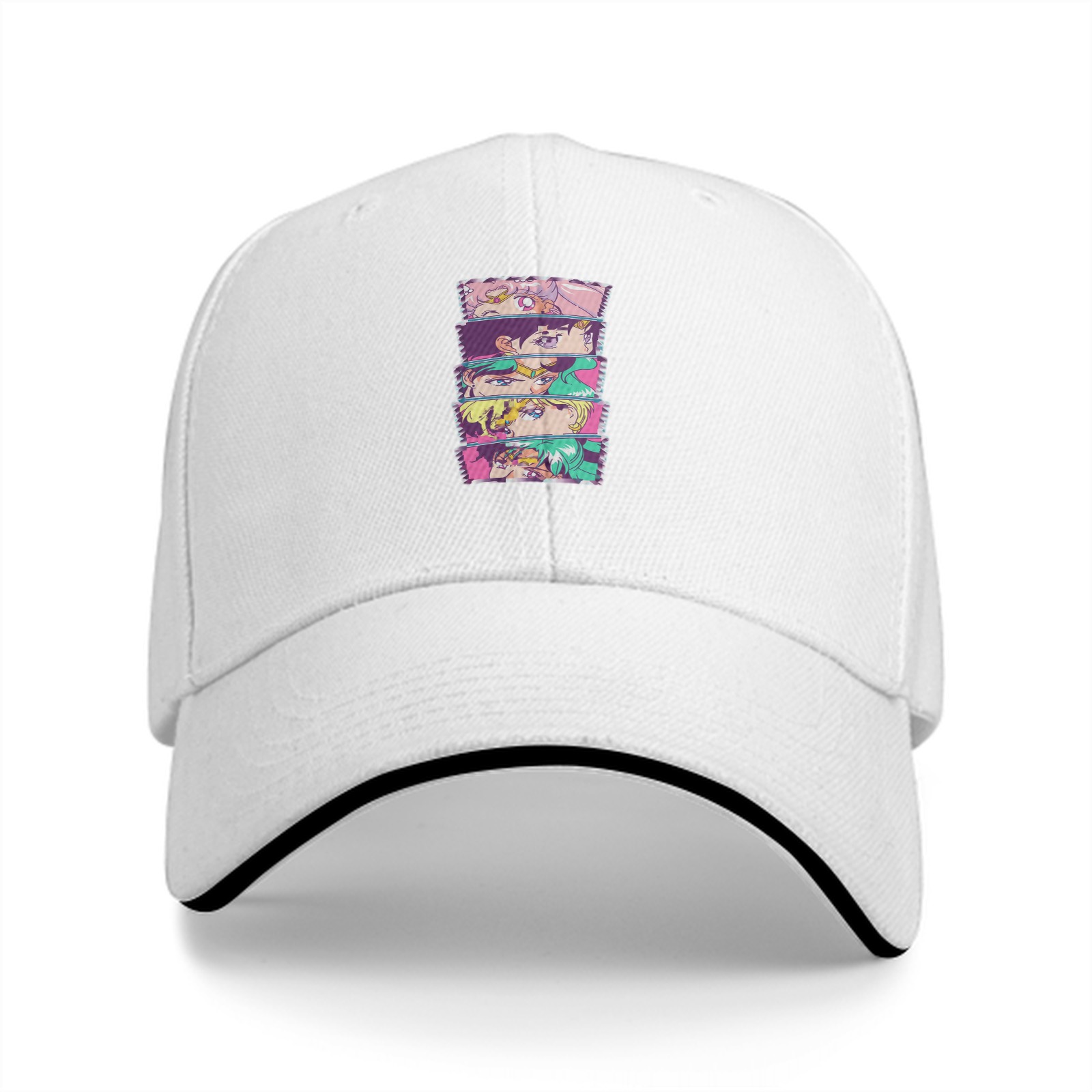 Black Baseball Cap with Anime Character Face Stack Print