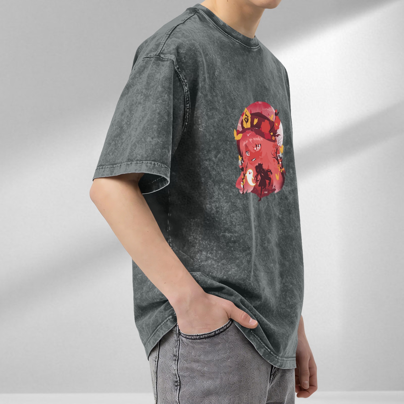 Anime Character Graphic Washed Black Oversized T-Shirt