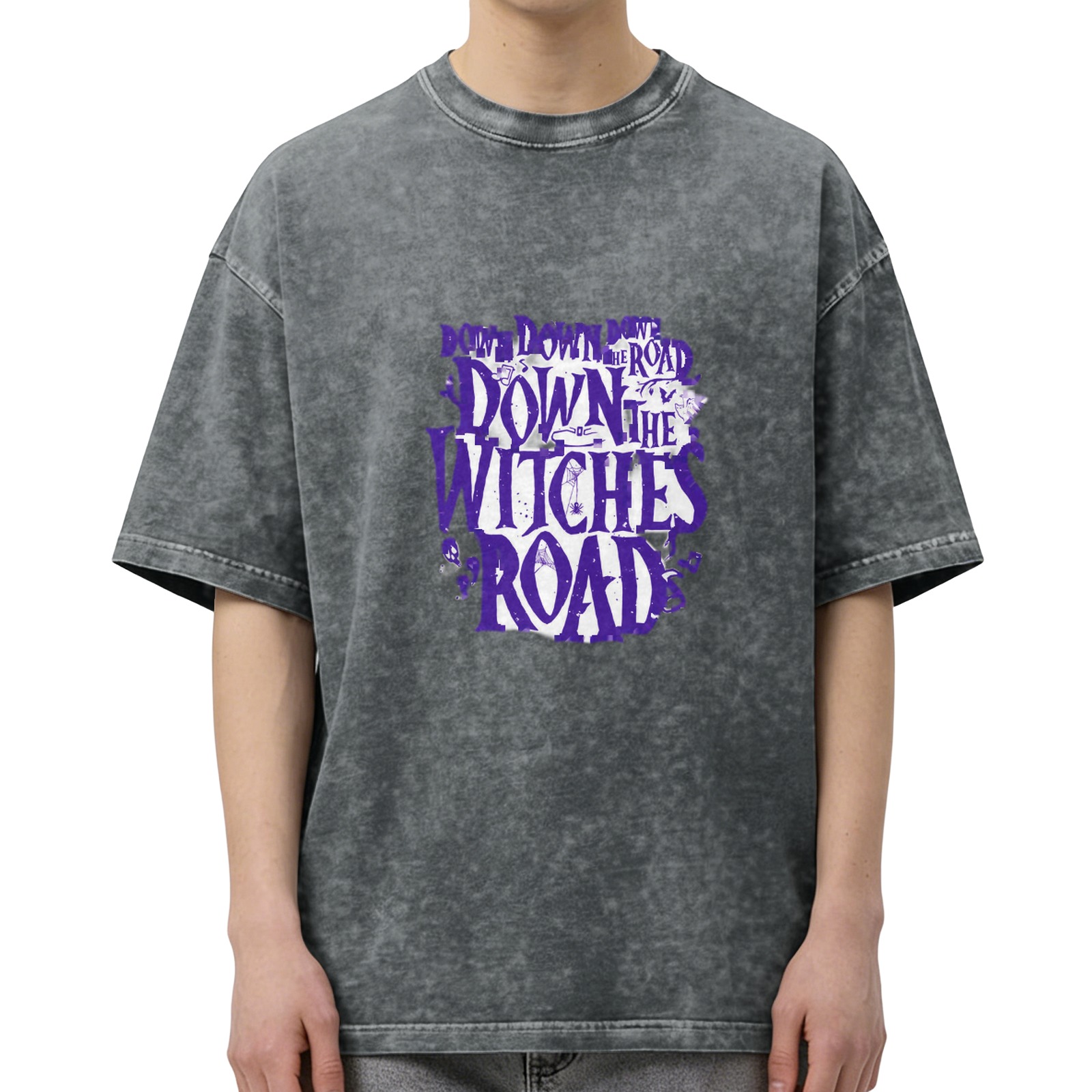 Washed Black Graphic T-Shirt with Down The Witches Road Text