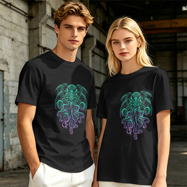 Olive Green T-Shirt With Cthulhu Octopus Dragon Graphic
