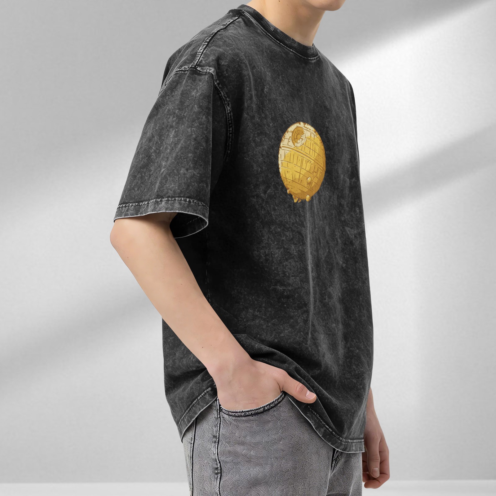 Oversized Stonewashed T-Shirt With Golden Death Star Print