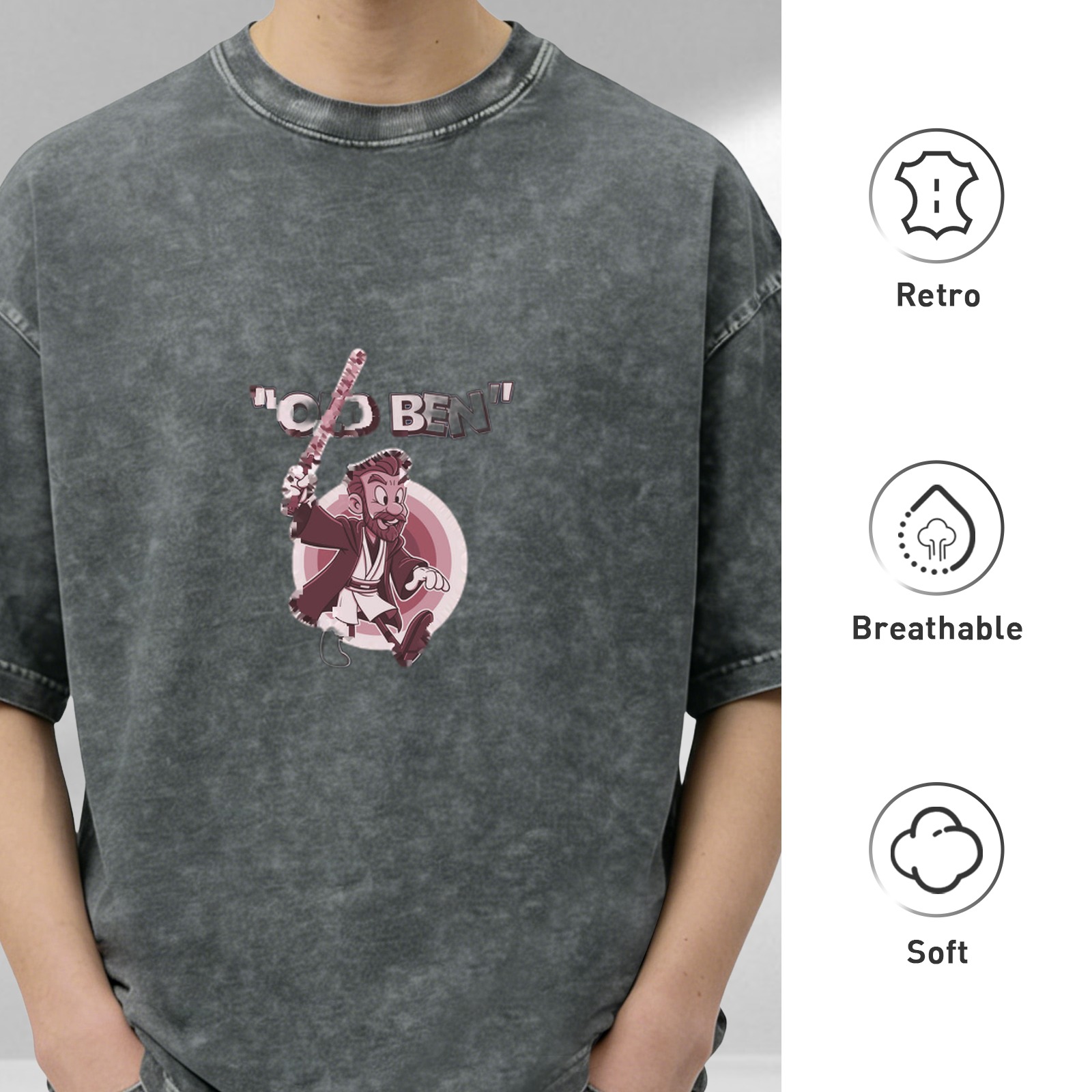 Washed Black T-Shirt With Cartoon Jedi 'Obi Ben' Print