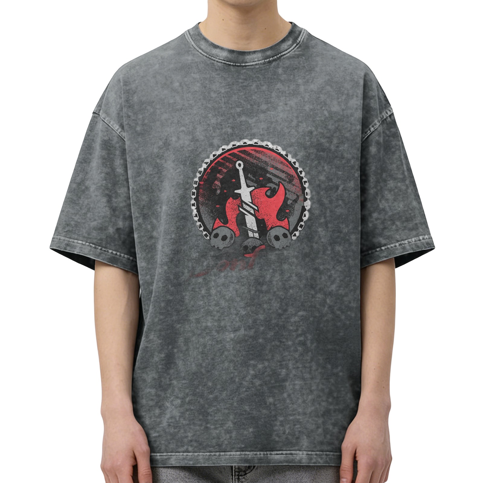Oversized Acid Wash T-Shirt With Gothic Sword Skull Flame Graphic