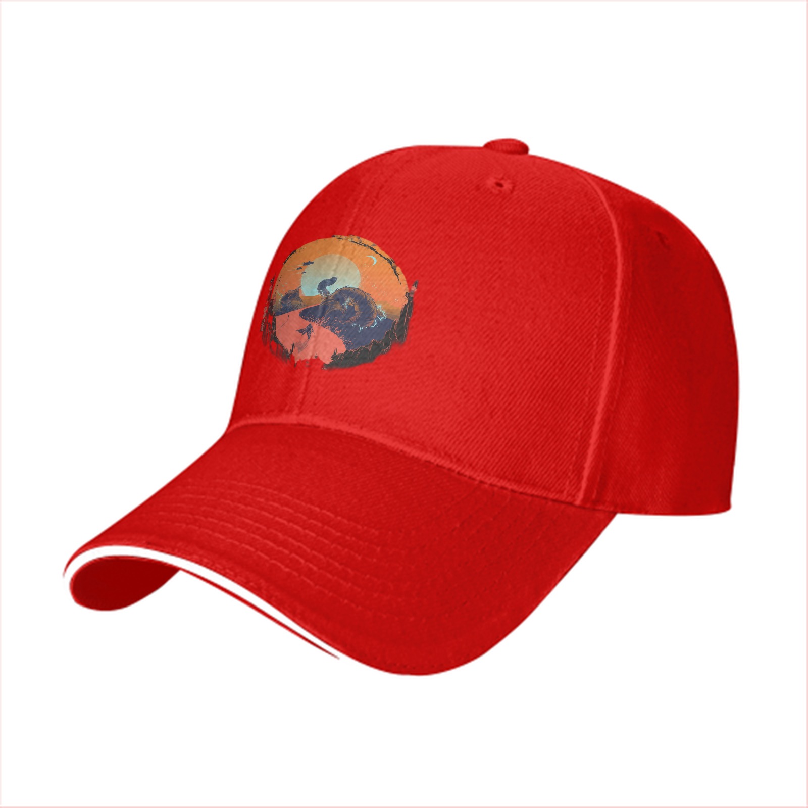 Black Baseball Cap with Sunset Landscape Graphic Print