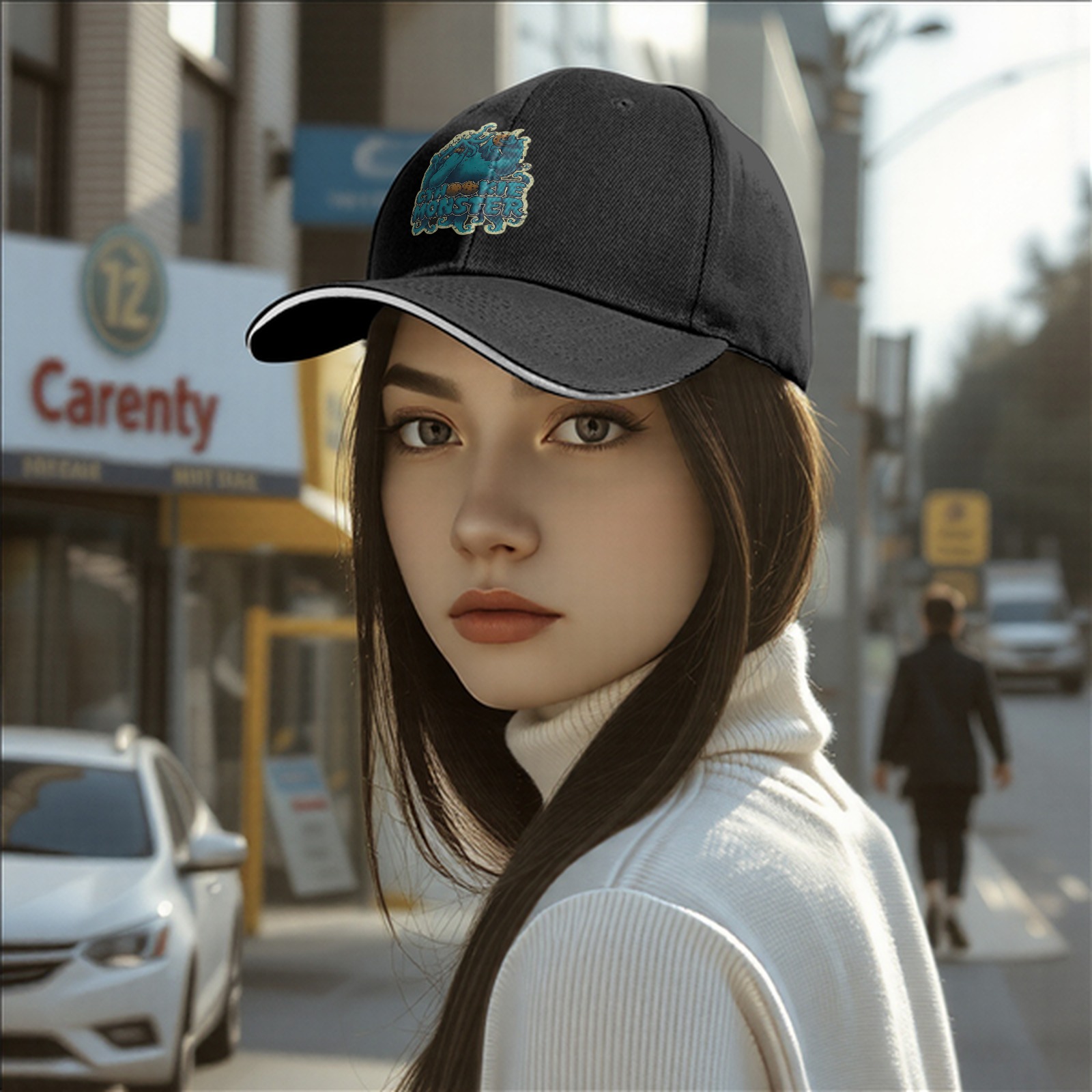 Black baseball cap with Cookie Monster themed graphic print