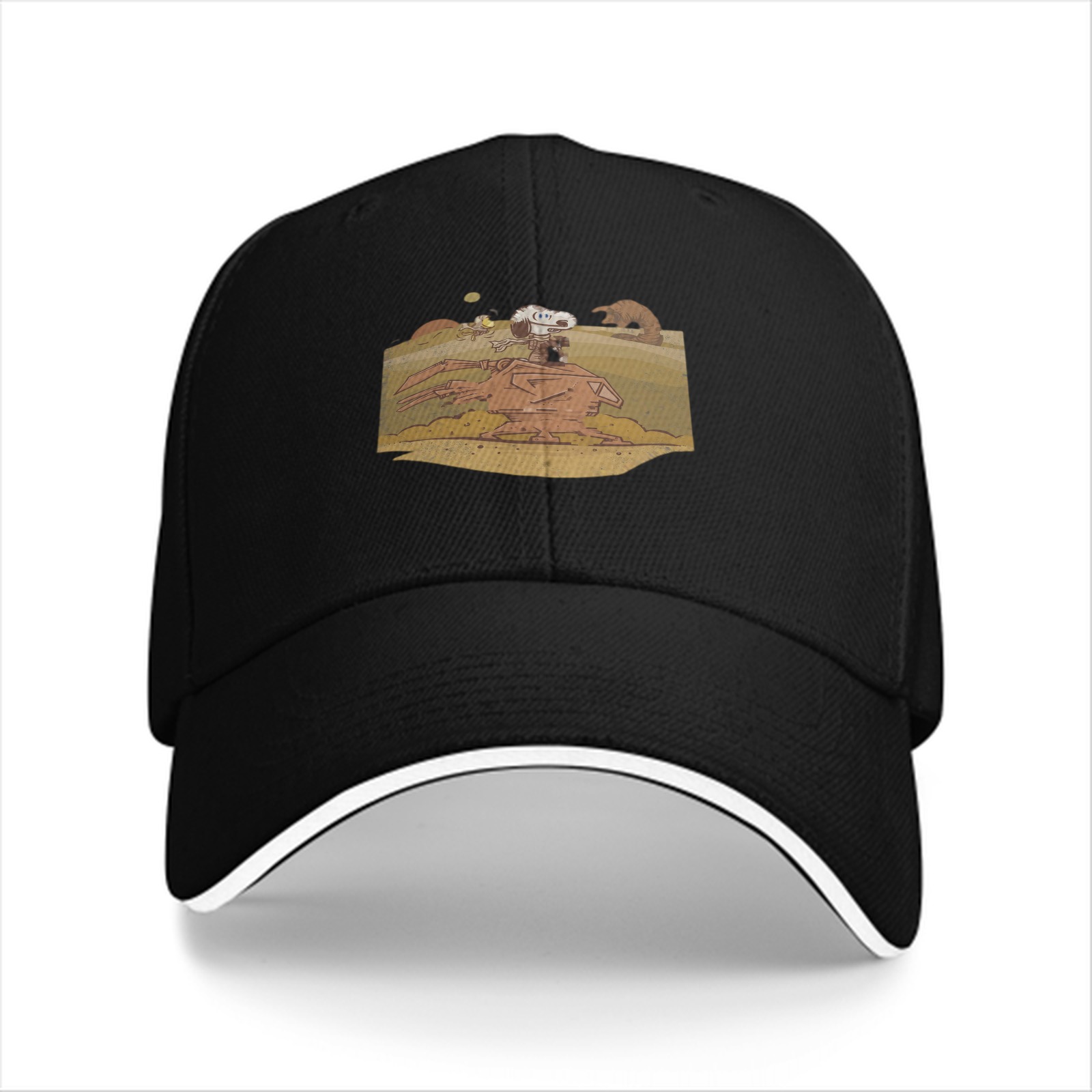 Black baseball cap with Snoopy desert scene graphic print