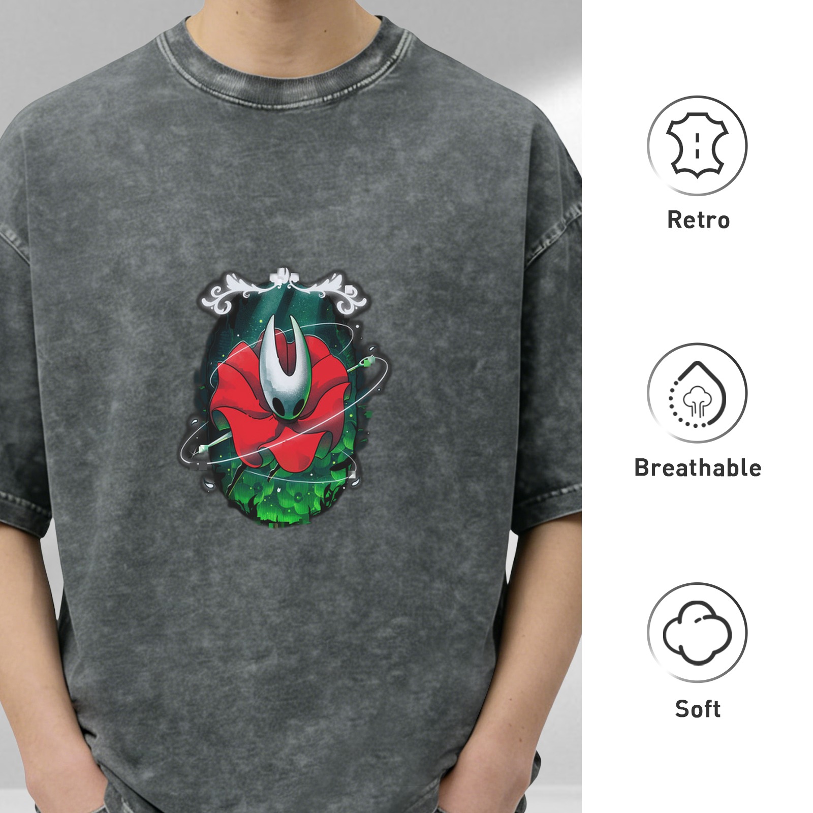 Hollow Knight Hornet Rose Graphic Acid Wash Oversized T-Shirt