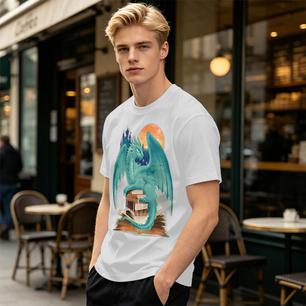 Teal Dragon Perched on Stacked Books Fantasy Graphic T-Shirt