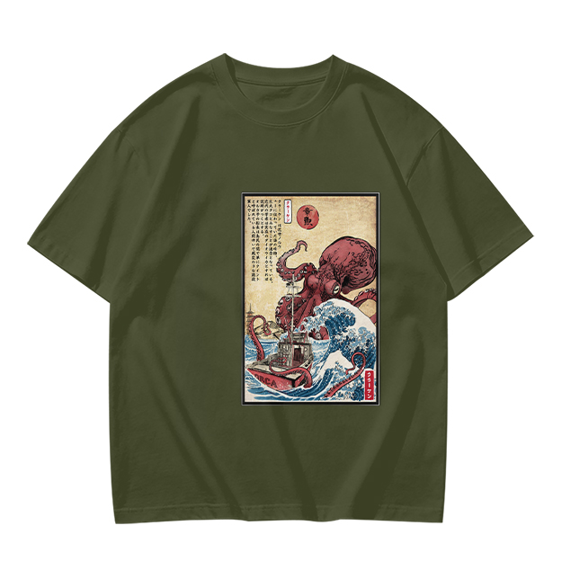 Olive T-shirt with Japanese octopus and wave woodblock print