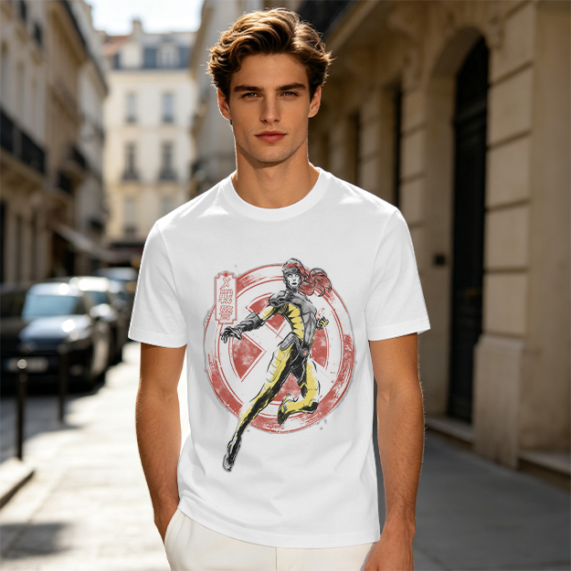 Olive T-shirt with X-Men style superhero graphic print