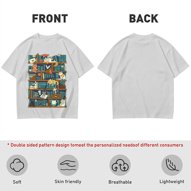 Olive t-shirt with playful cats on a bookshelf graphic