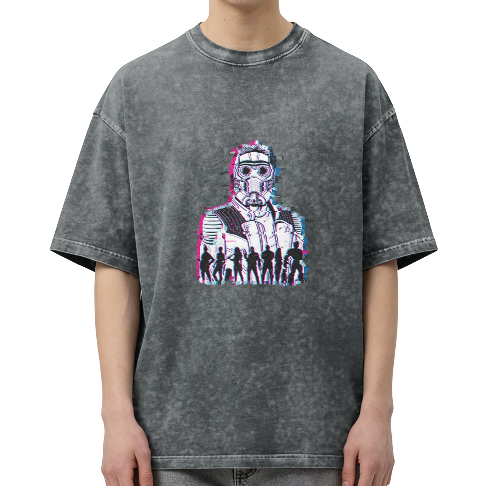Washed black graphic t-shirt with glitch space team character print