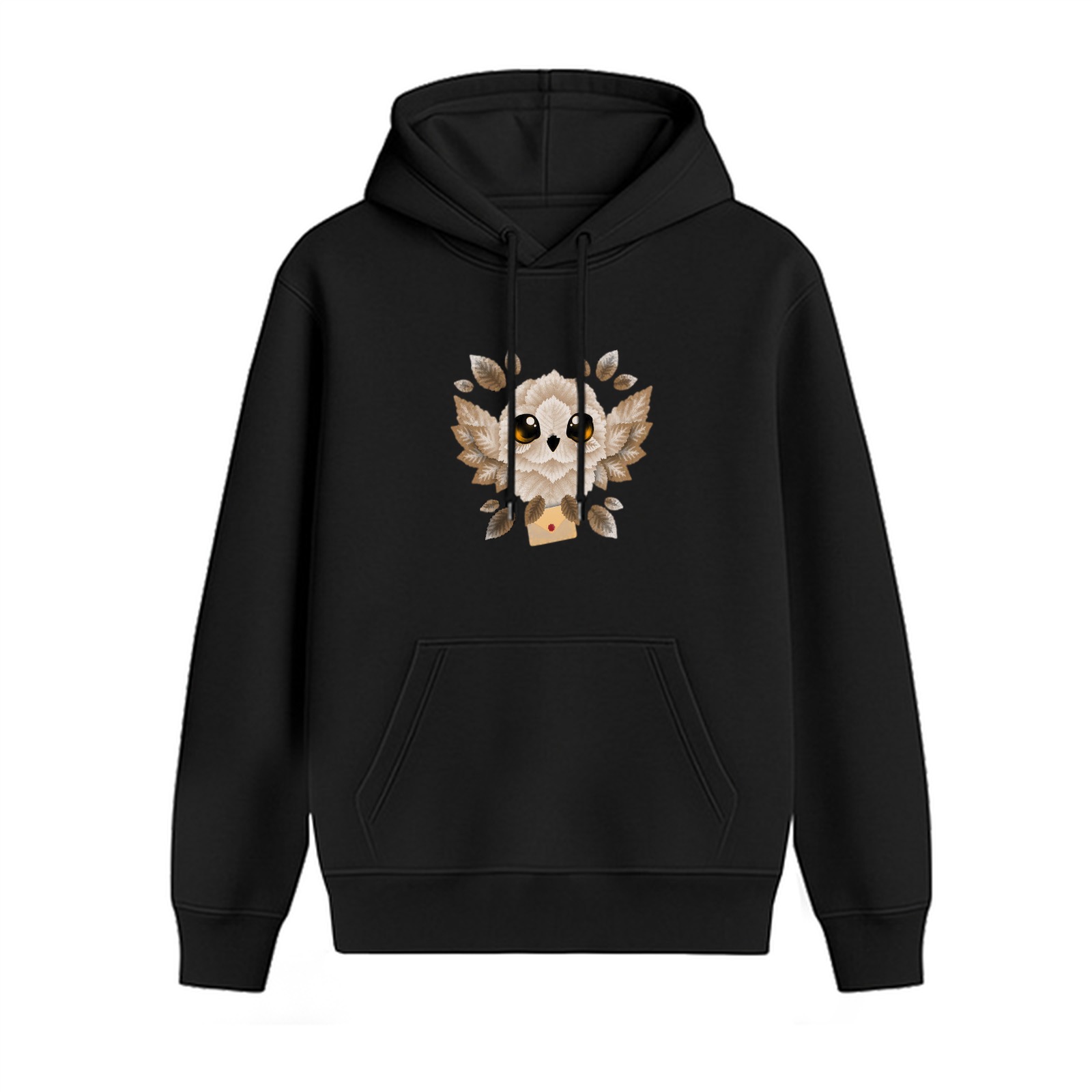 Black Hoodie With Cute Owl Holding Envelope Graphic Print