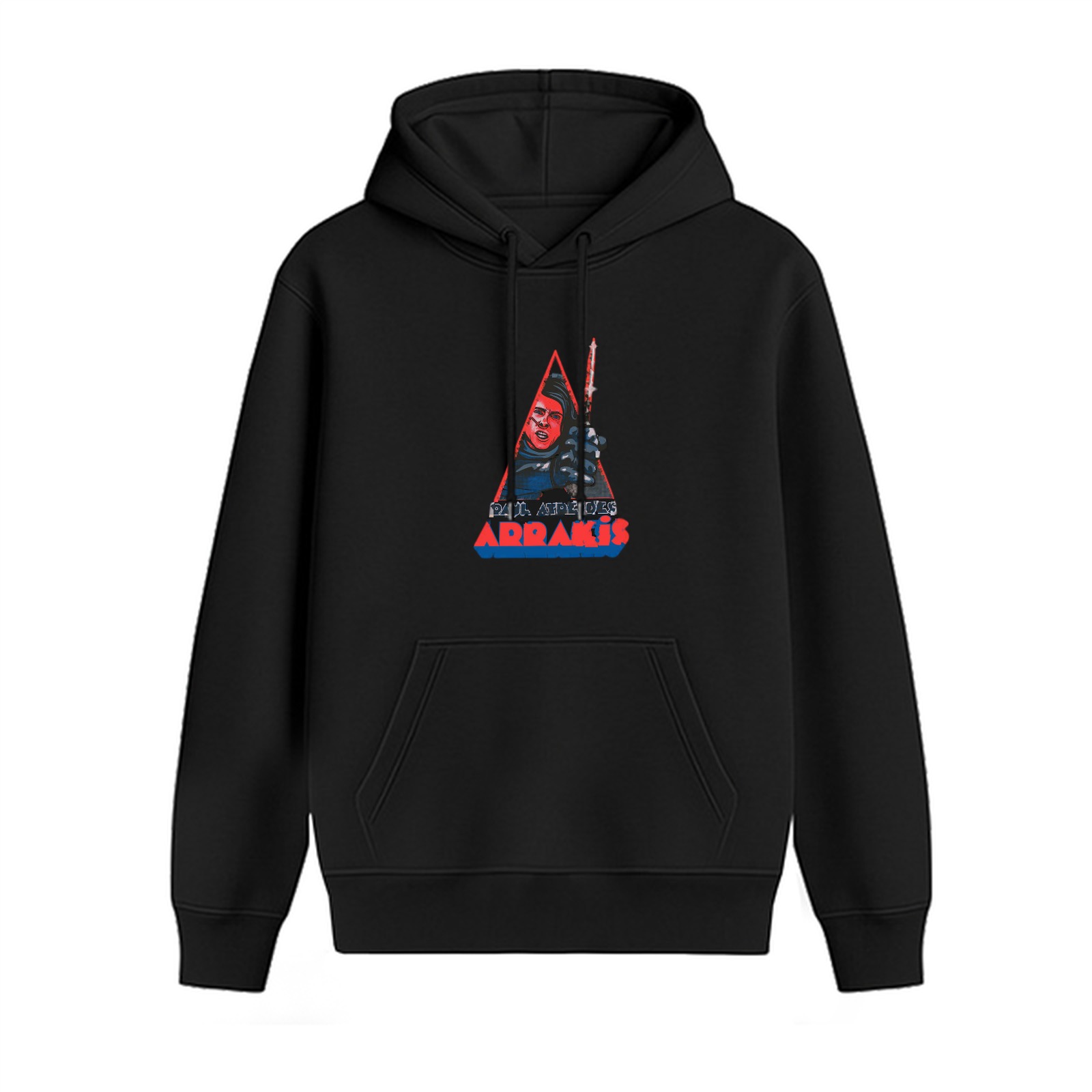 Black hoodie with Arrakis sci-fi warrior graphic print