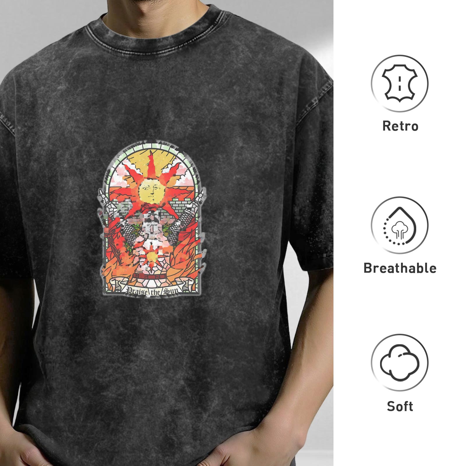 Dark Wash Oversized T-Shirt with 'Praise the Sun' Stained Glass Style Graphic