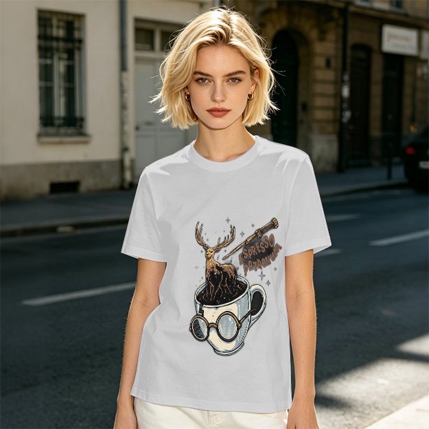 Olive T-Shirt with Espresso Patronum Deer Coffee Cup Art