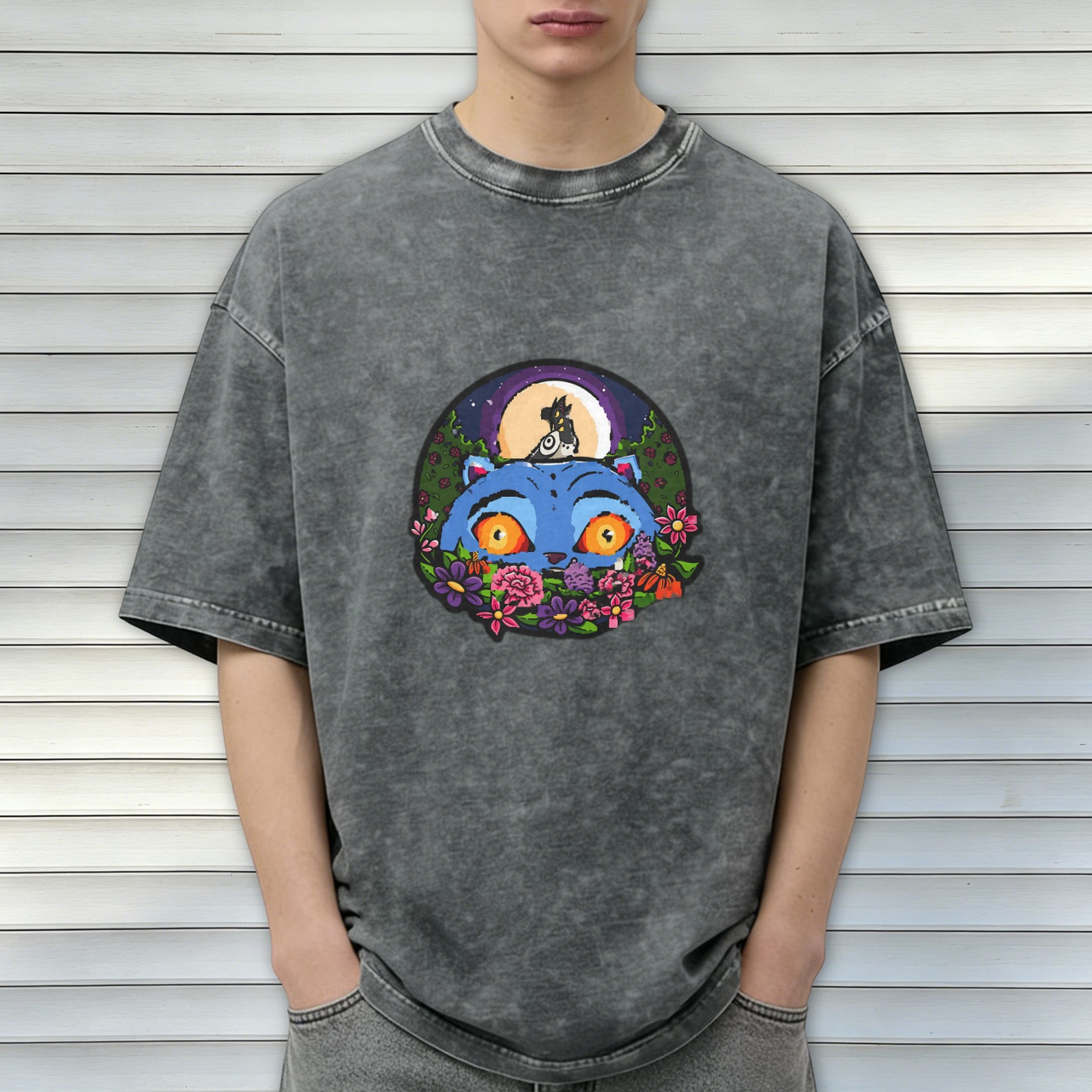 Washed Black T-Shirt With Blue Cat And Moon Floral Graphic