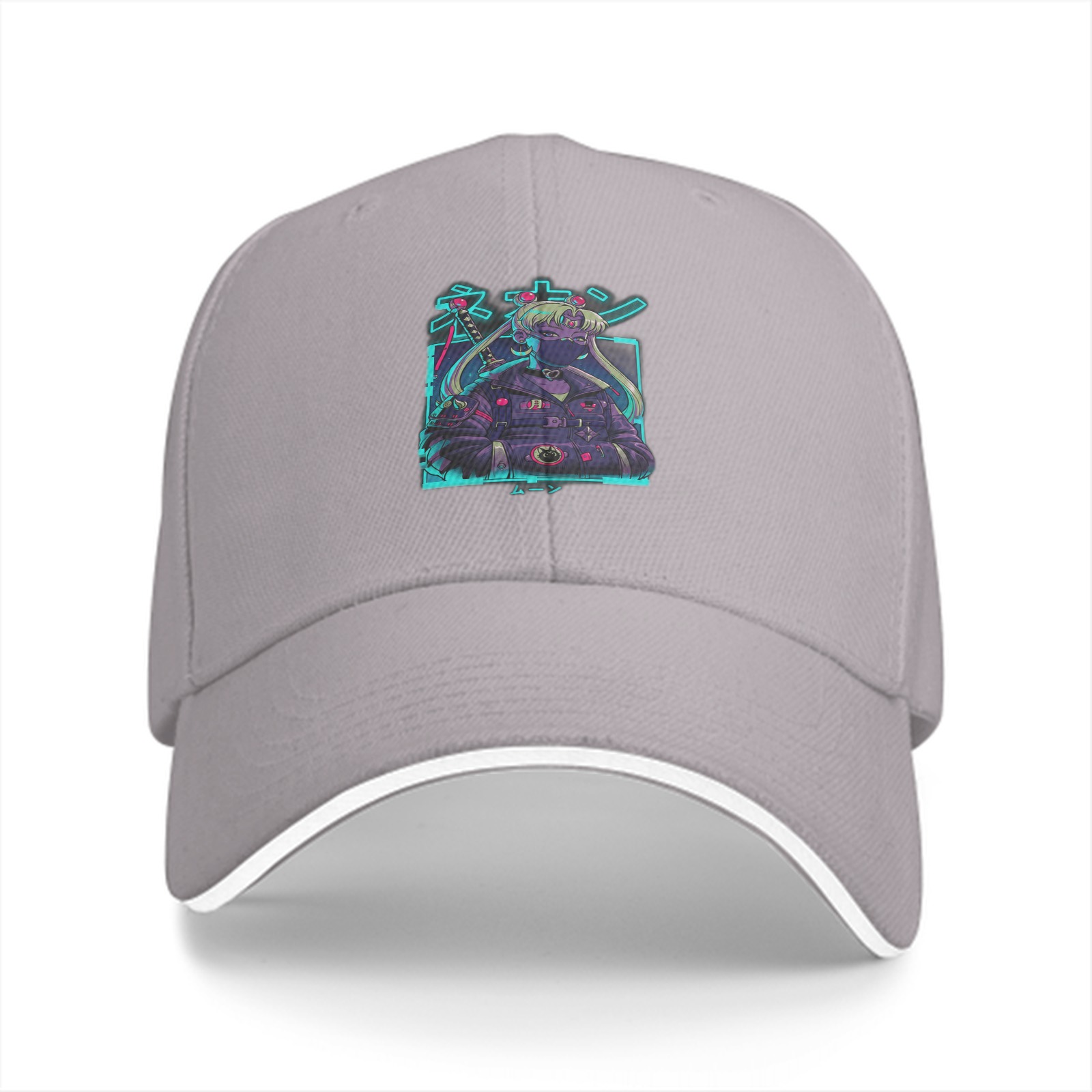 Black baseball cap with cyberpunk anime graphic print