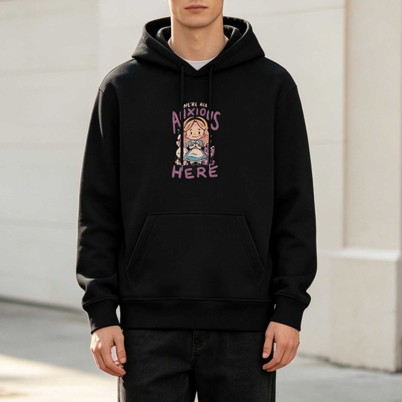 Black hoodie with anxious Alice in Wonderland graphic print