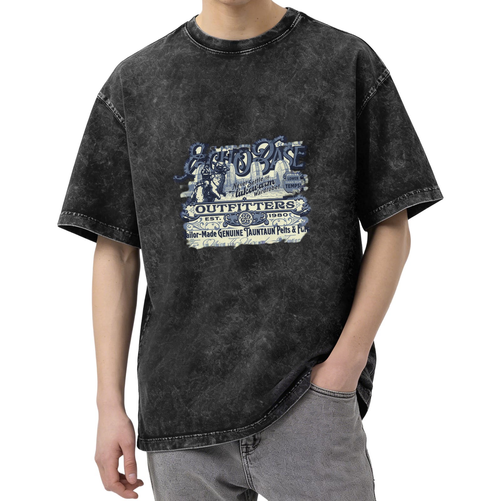 Distressed washed black round neck short-sleeved T-shirt themed printed outdoor style top