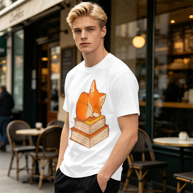 Olive T-Shirt With Sleeping Fox On Stacked Books Print