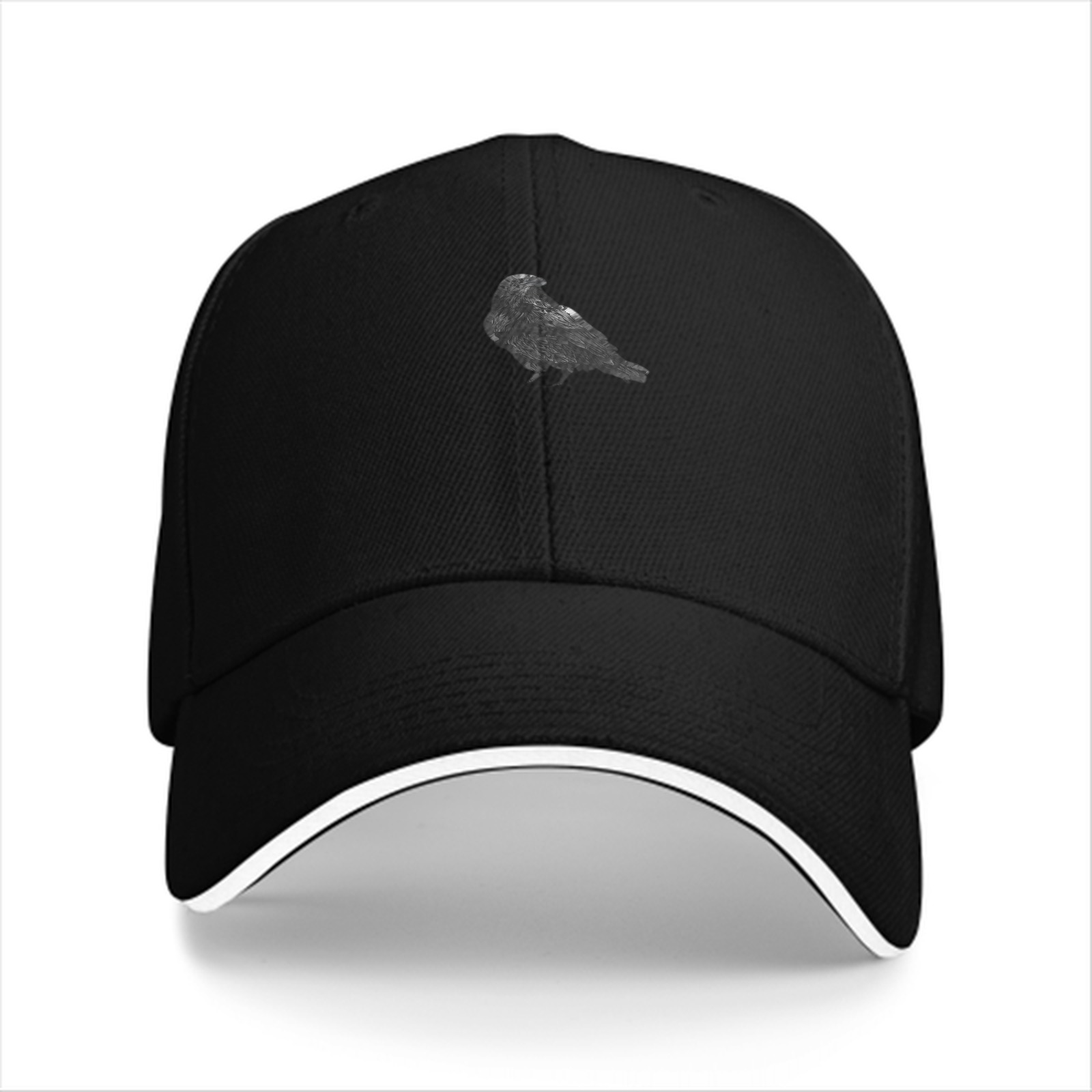 Black Baseball Cap With Detailed Crow Silhouette Design