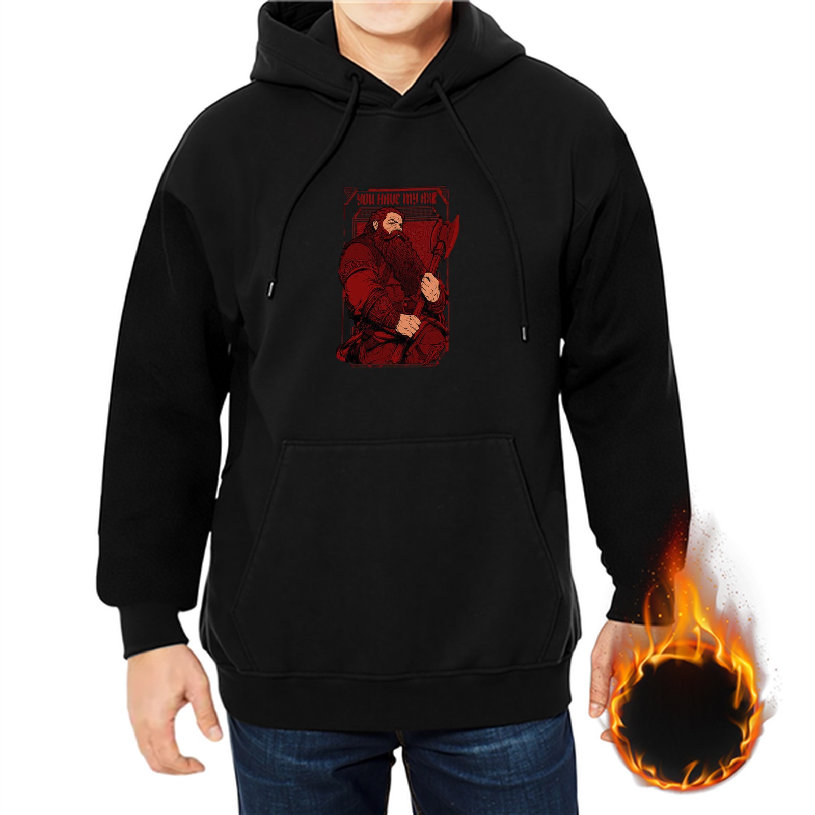 Black Hoodie With Red Dwarf Warrior Axe Print