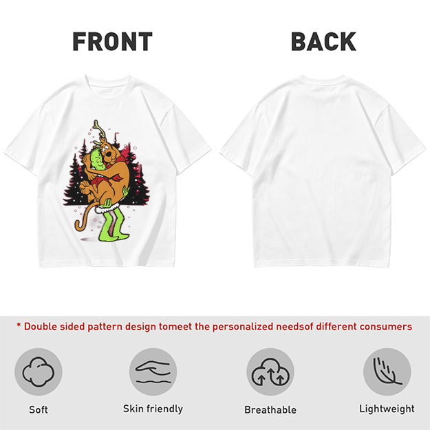 Olive Christmas T-Shirt Featuring Scooby-Doo Hugging The Grinch
