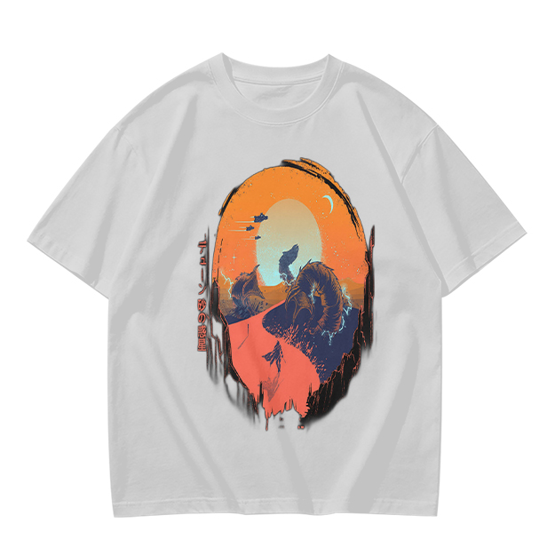 Olive T-Shirt with Sunset Mountain Wolf Silhouette Art Print