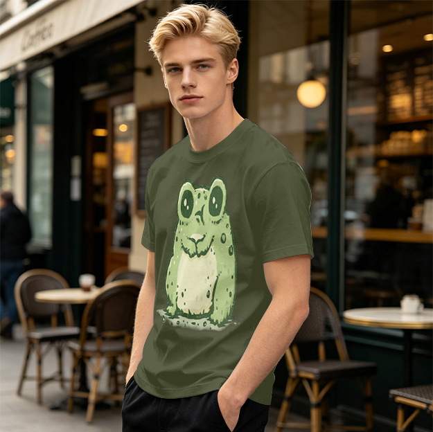 Olive Green T-Shirt With Cute Cartoon Frog Graphic Print