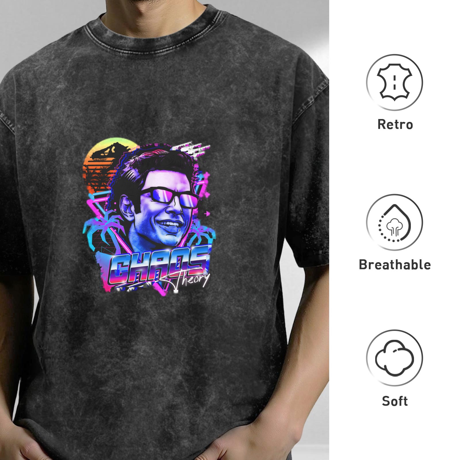 Retro vaporwave Chaos Theory print washed black loose short-sleeved T-shirt