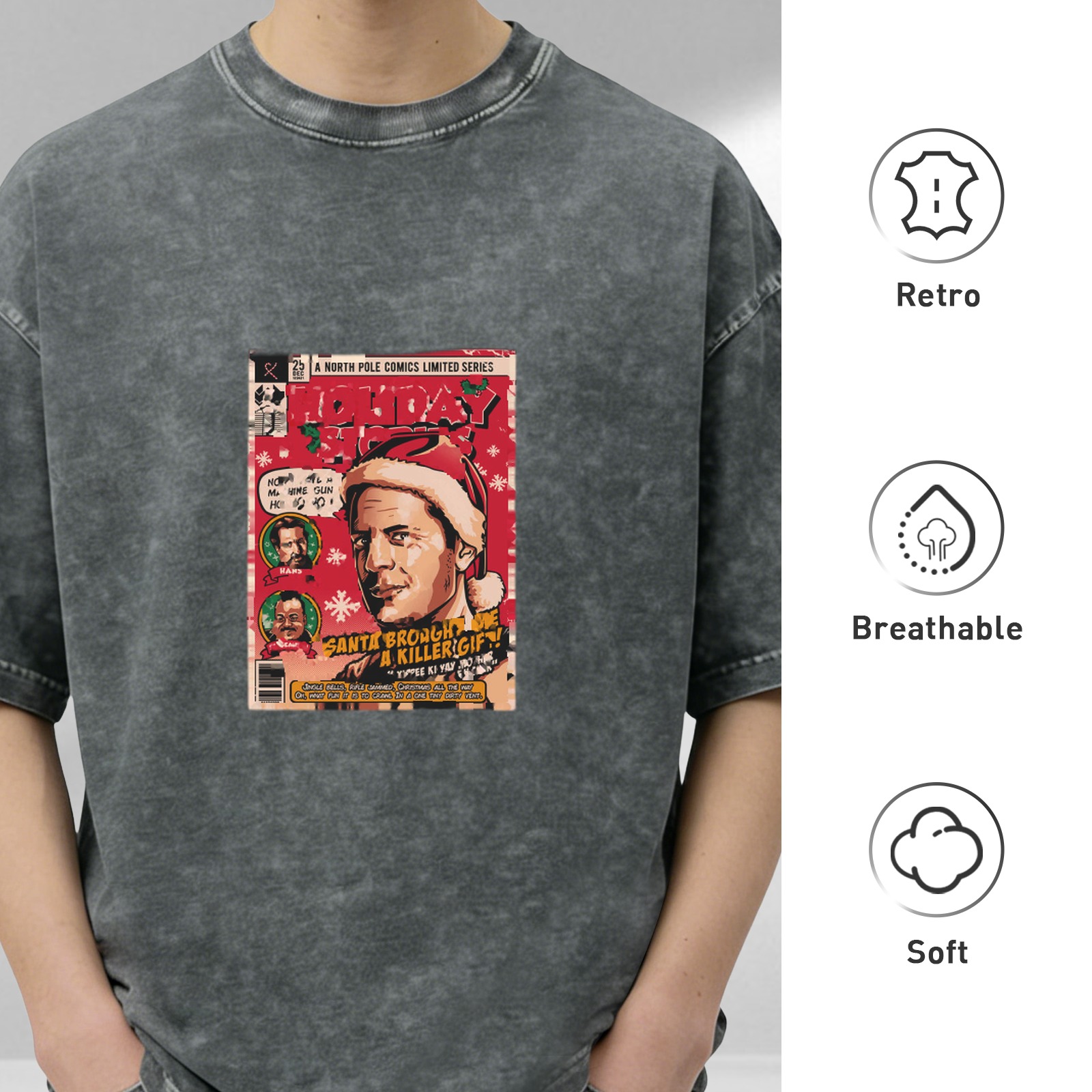 Oversized Washed Black T-Shirt with Die Hard Christmas Comic Book Print