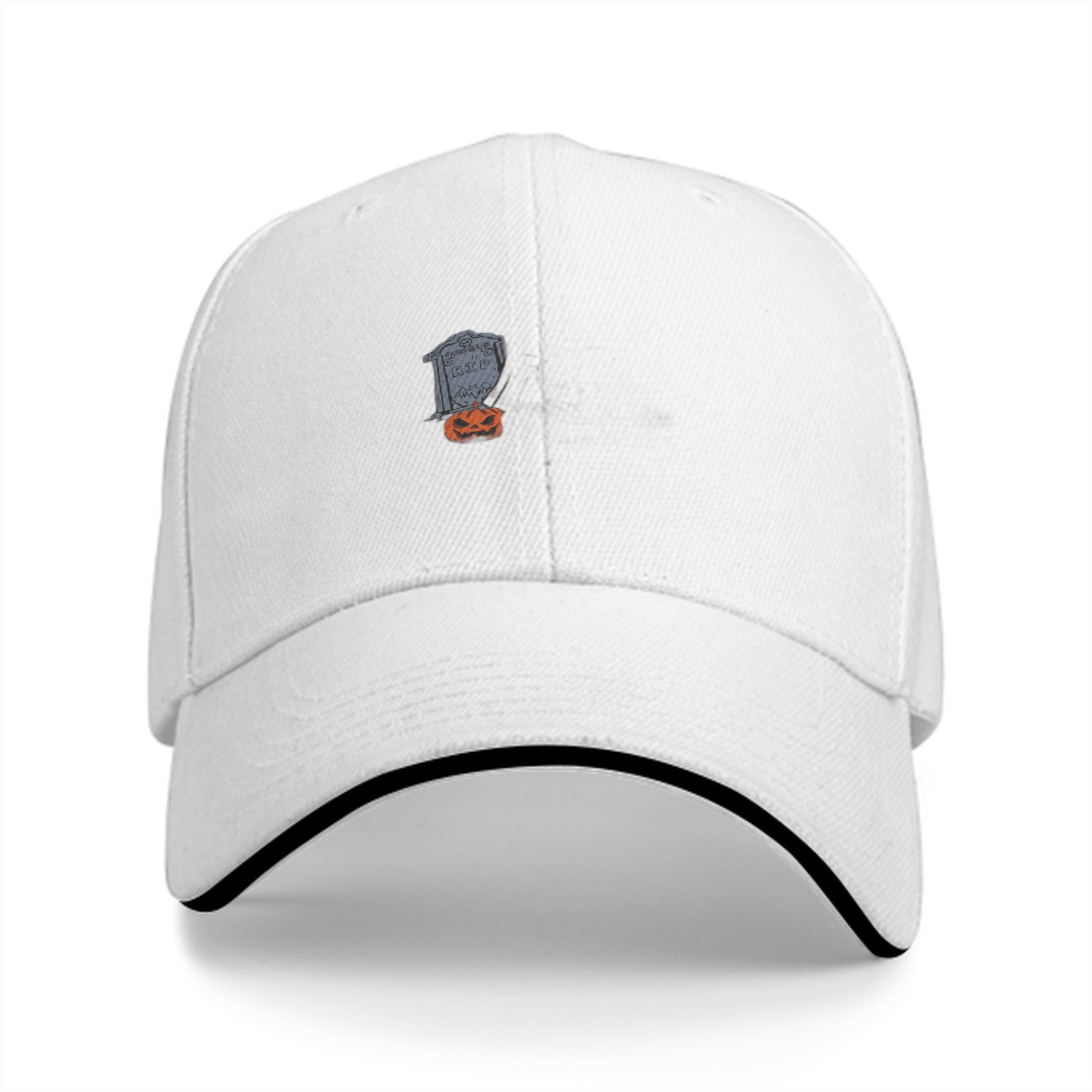 Black Baseball Cap with Halloween Tombstone and Jack-o'-lantern Graphic