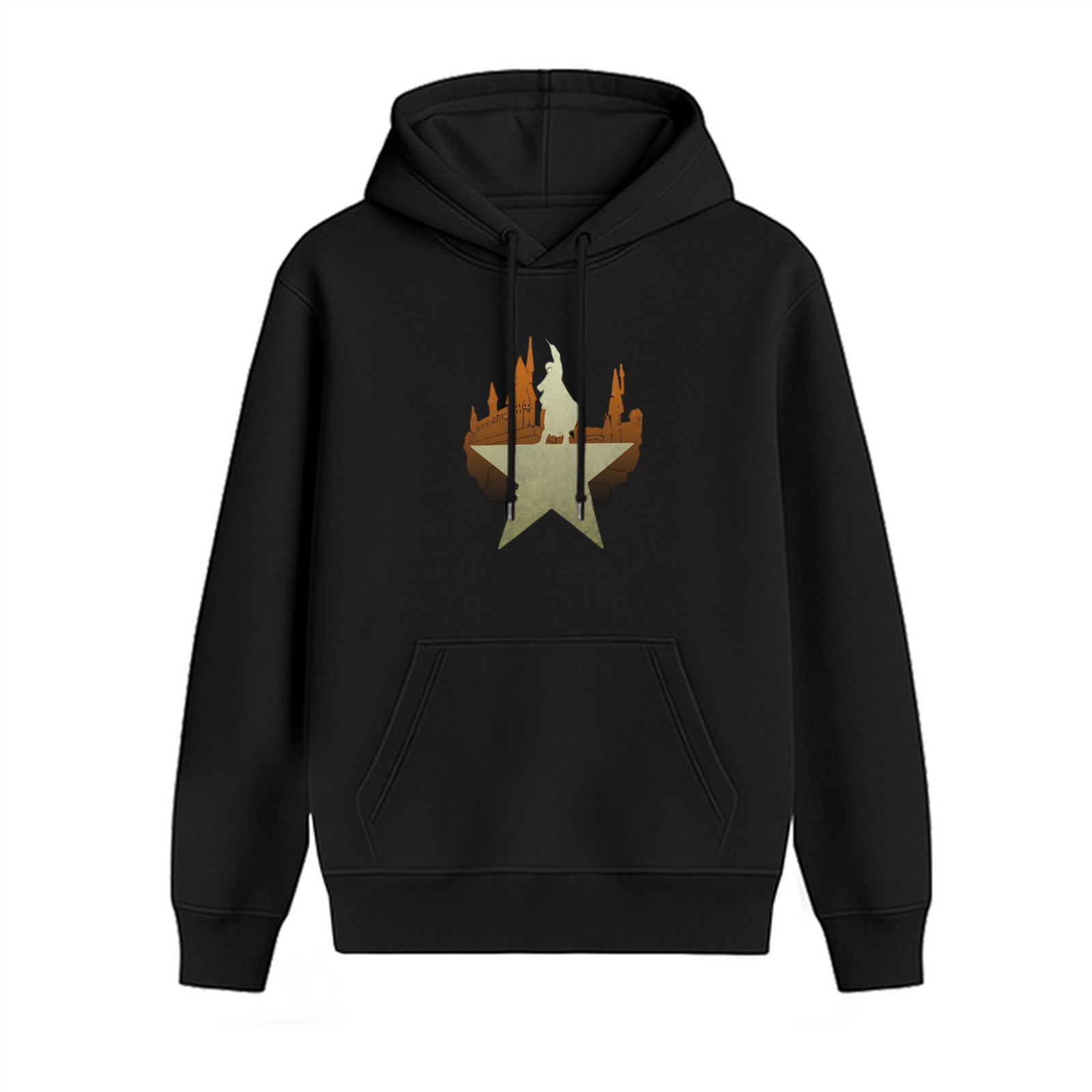 Black Hoodie With Star Statue And City Skyline Graphic