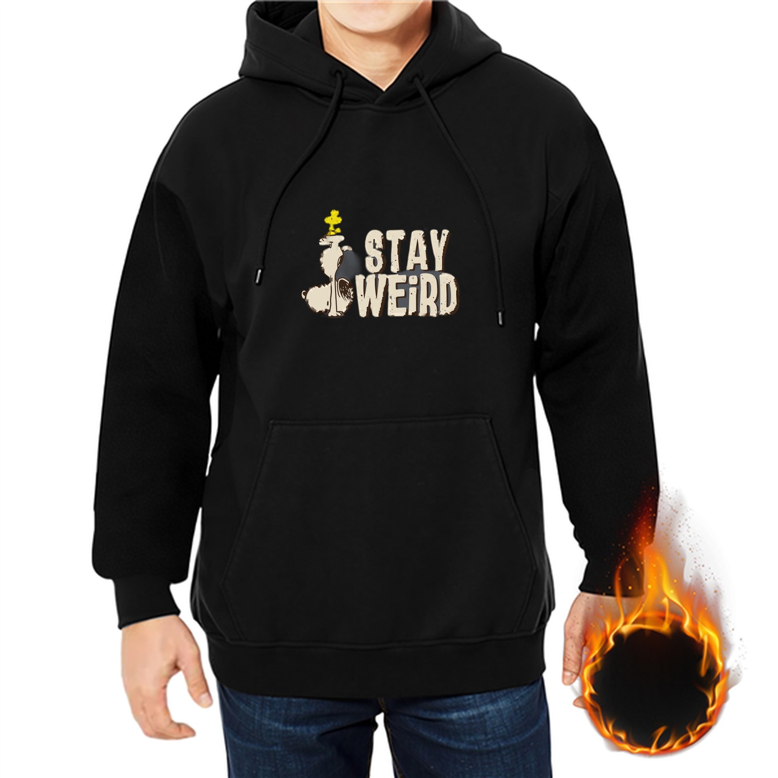 Black hoodie with 'STAY WEIRD' and Peanuts characters graphic