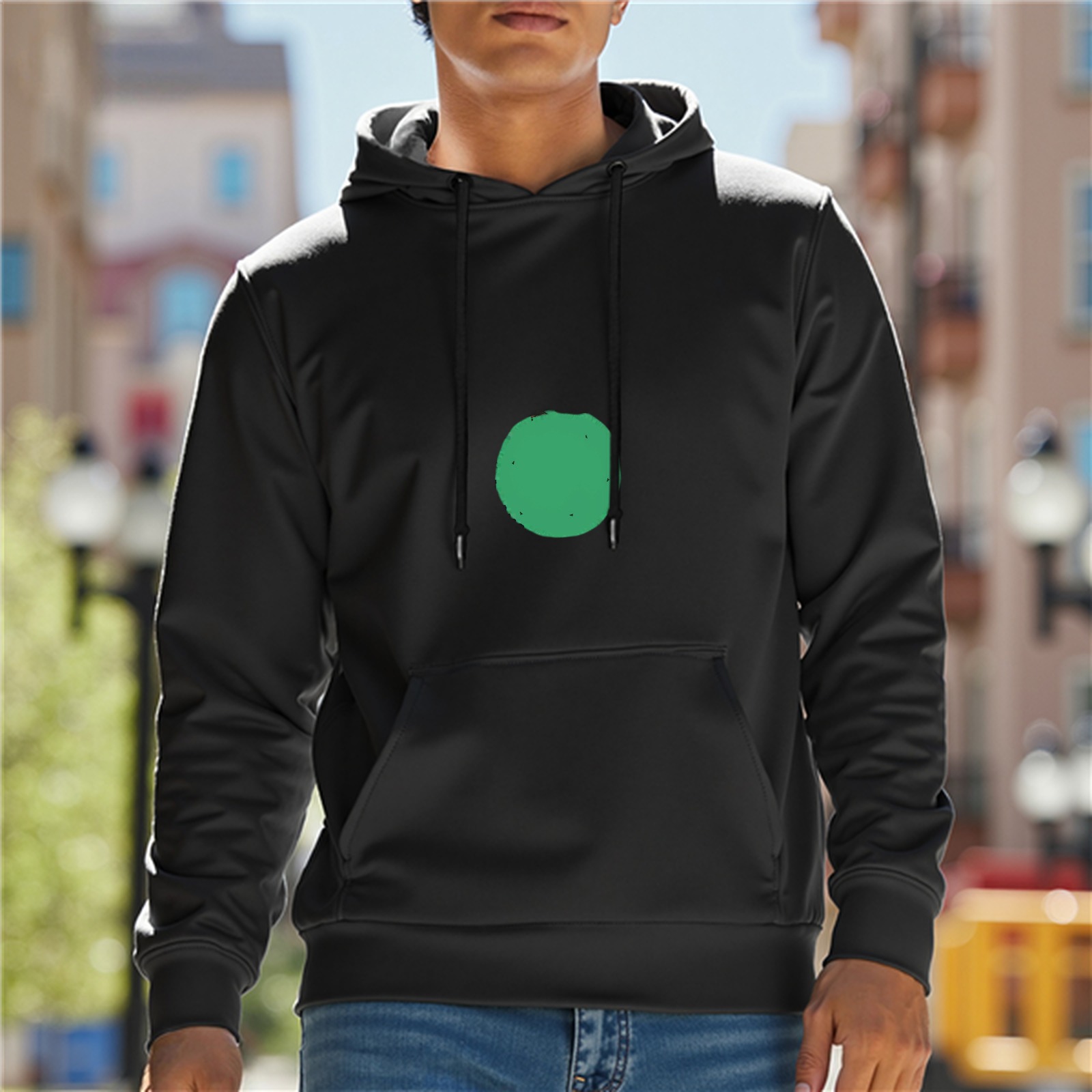 Black Hoodie with Green Circular Graphic Design