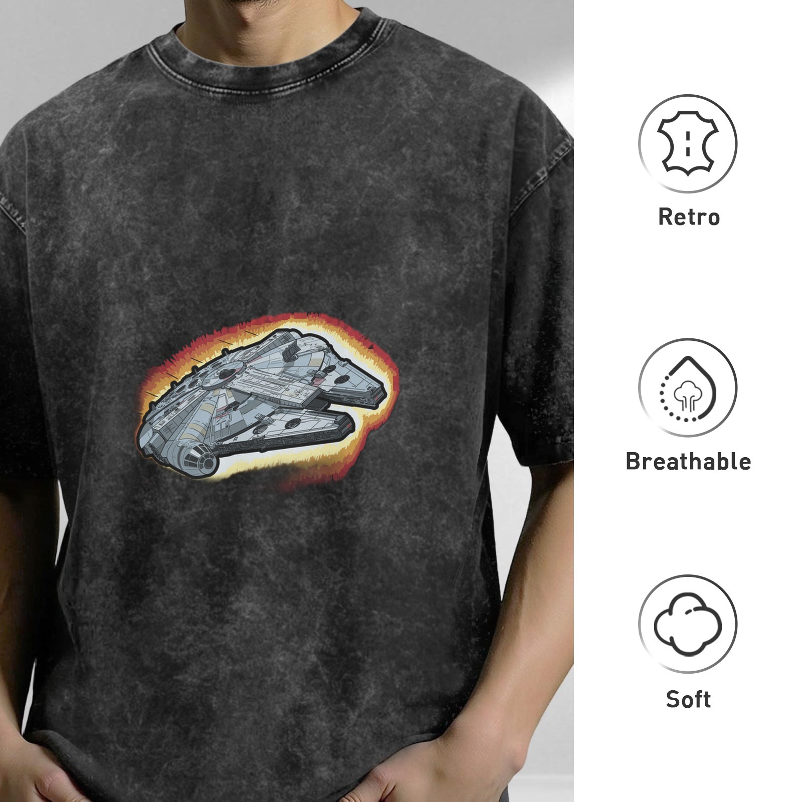 Oversized Acid Wash T-Shirt with Millennium Falcon Graphic