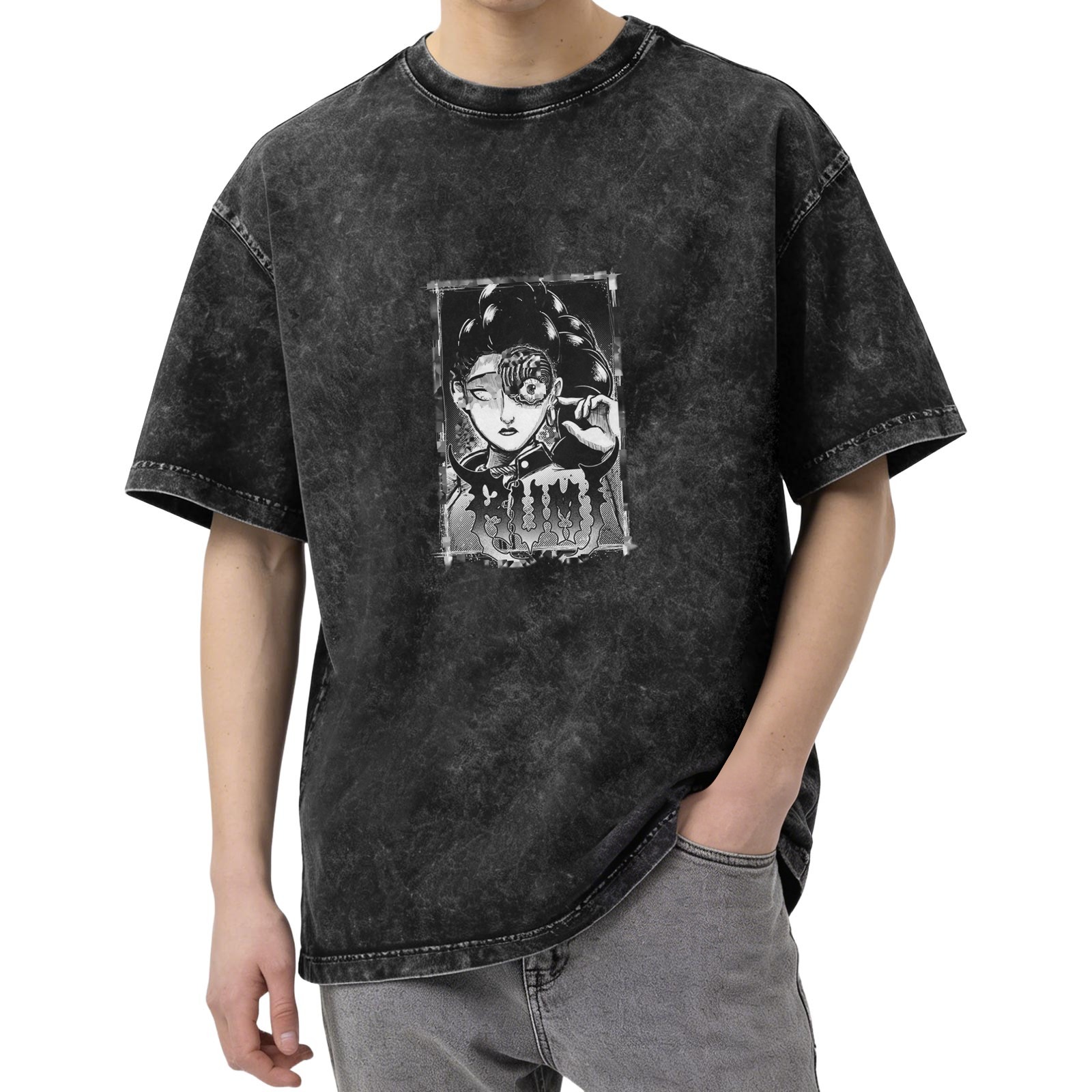 Washed black oversized t-shirt with dark anime-style graphic print