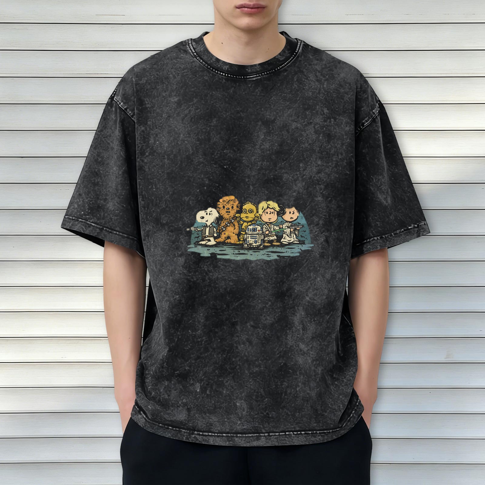 Distressed washed black loose short-sleeved T-shirt Peanuts co-branded Star Wars character printed top