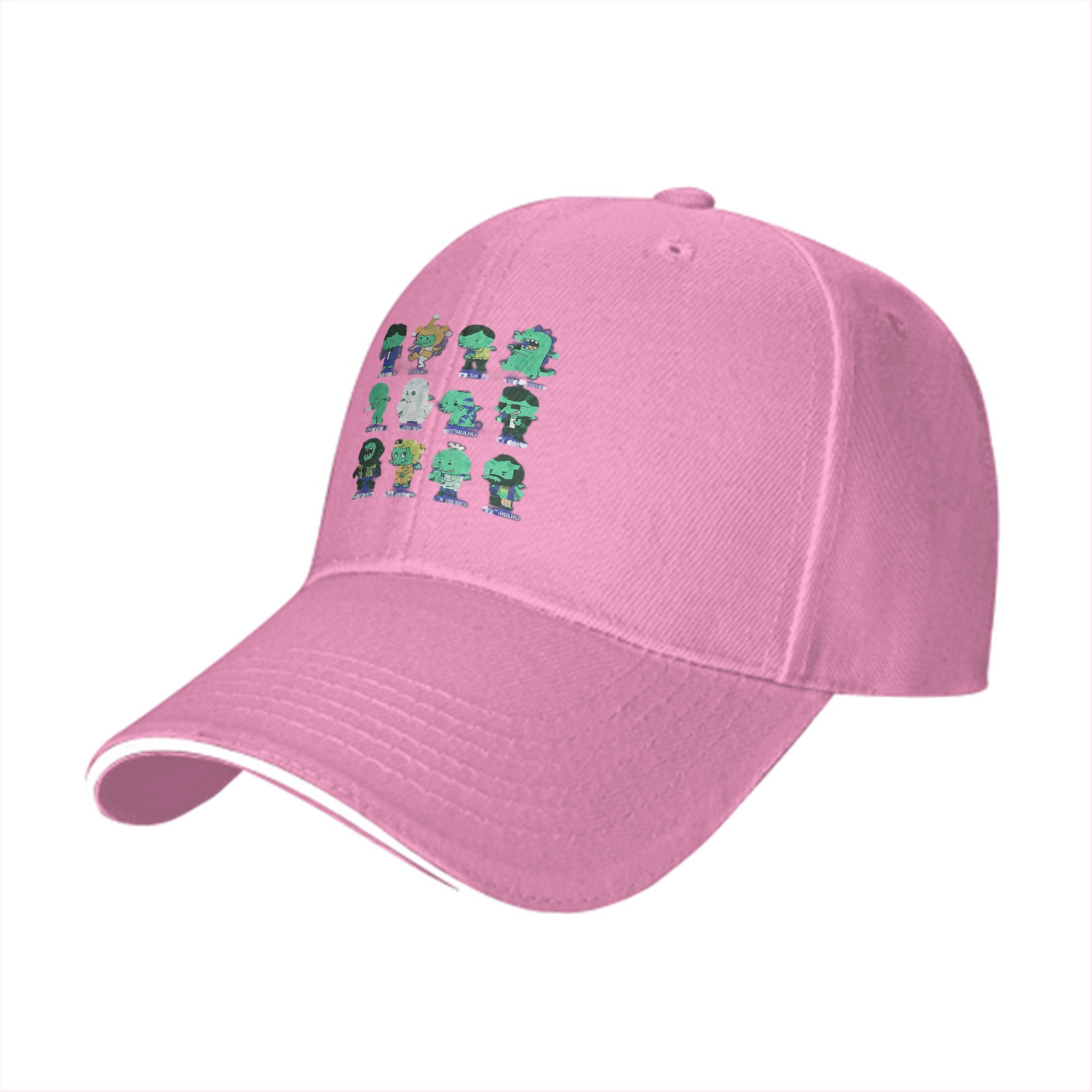 Black baseball cap with cute monster character grid print