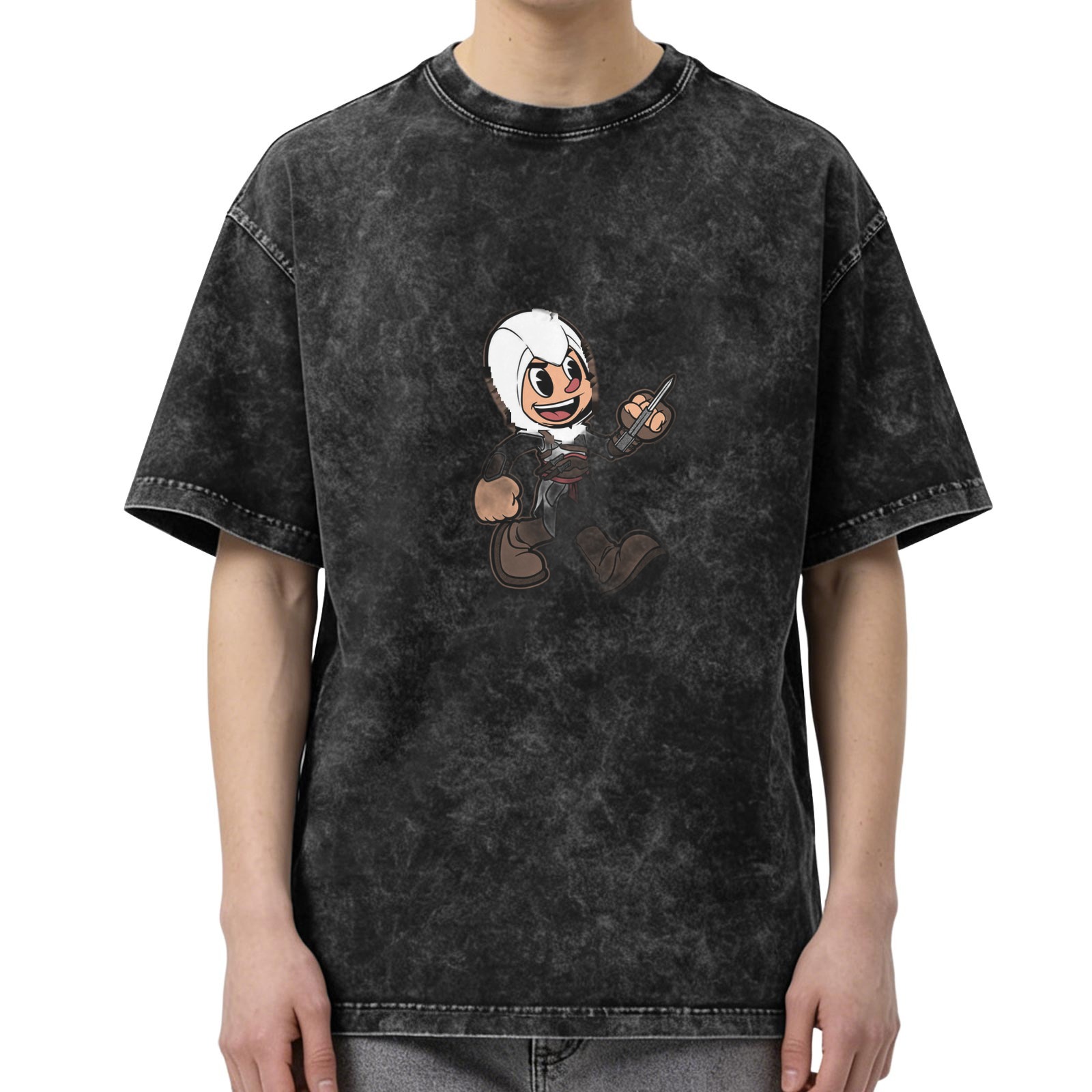 Oversized Acid Wash T-Shirt With Cartoon Assassin Print
