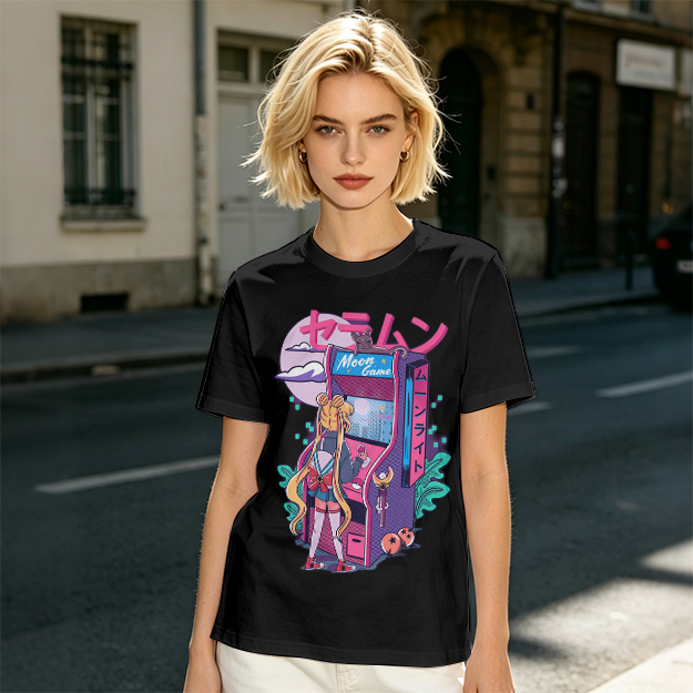Anime girl playing moon arcade game graphic tee