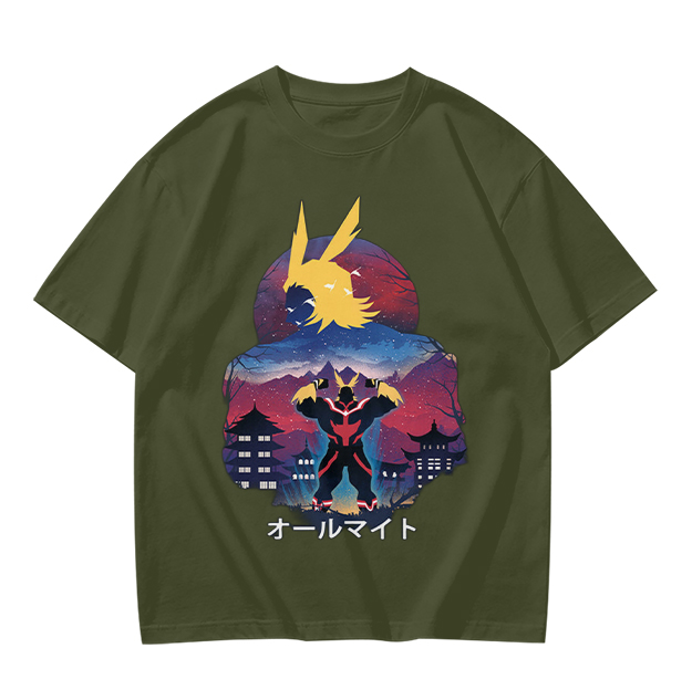 Olive t-shirt with All Might anime character graphic print